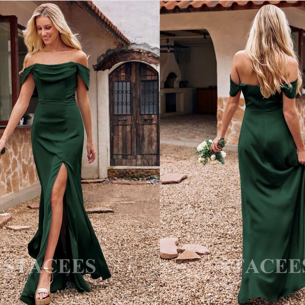 Stacee's Column Off-the-Shoulder Sleeveless Floor-Length Satin Bridesmaid